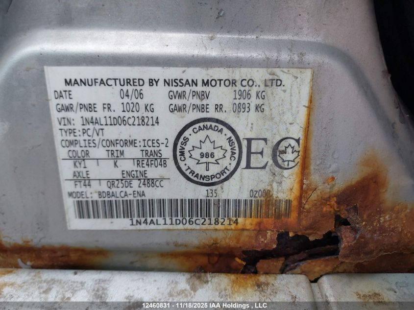 2006 Nissan Altima 2.5 S VIN: 1N4AL11D06C218214 Lot: 12460831X