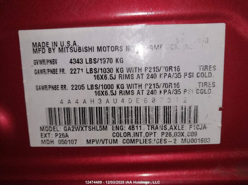 2013 Mitsubishi Rvr Es/Se VIN: 4A4AH3AU4DE607312 Lot: 12474489X