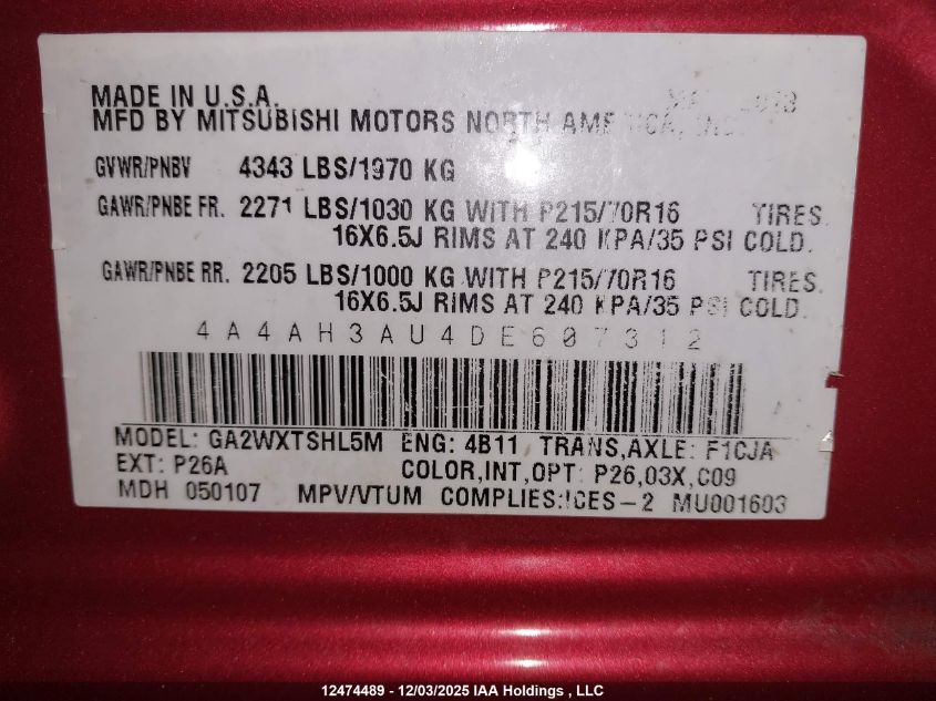 2013 Mitsubishi Rvr Es/Se VIN: 4A4AH3AU4DE607312 Lot: 12474489X