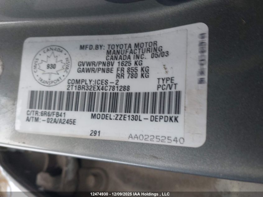 2004 Toyota Corolla Ce/Le/Sport VIN: 2T1BR32EX4C781288 Lot: 12474930X