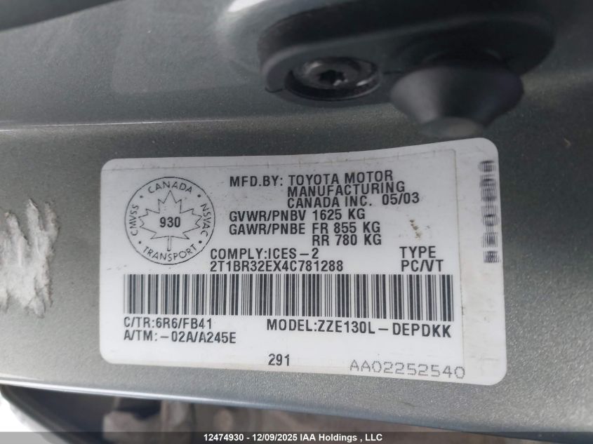 2004 Toyota Corolla Ce/Le/Sport VIN: 2T1BR32EX4C781288 Lot: 12474930X