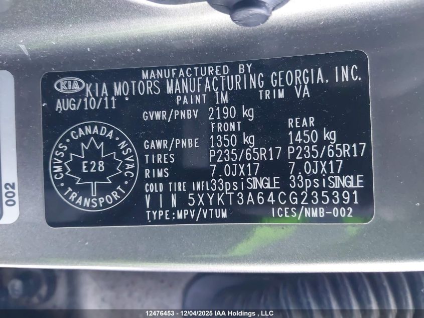 2012 Kia Sorento Lx VIN: 5XYKT3A64CG235391 Lot: 12476453X