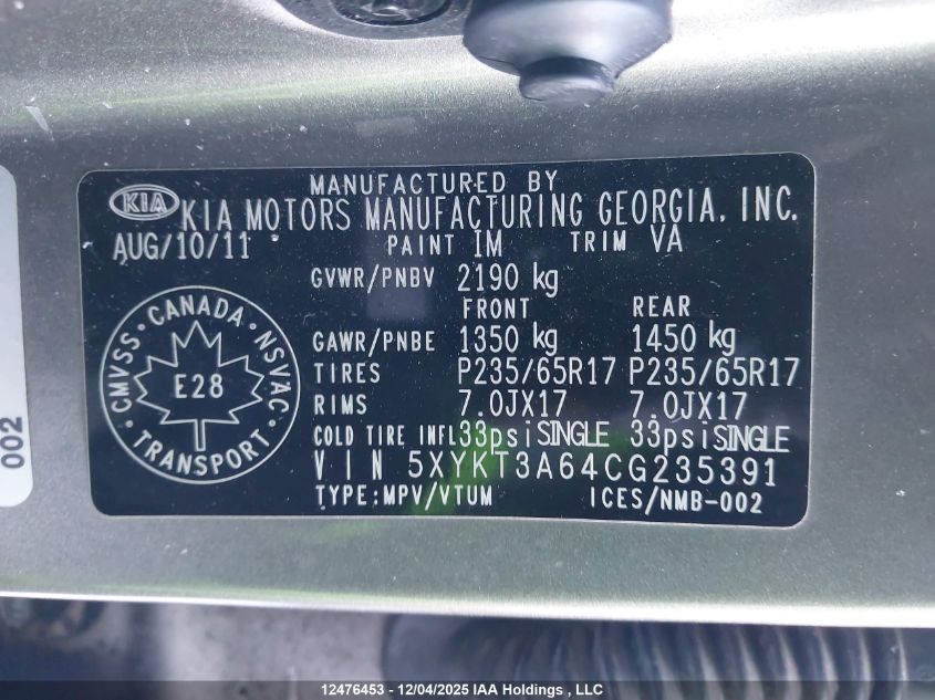 2012 Kia Sorento Lx VIN: 5XYKT3A64CG235391 Lot: 12476453X