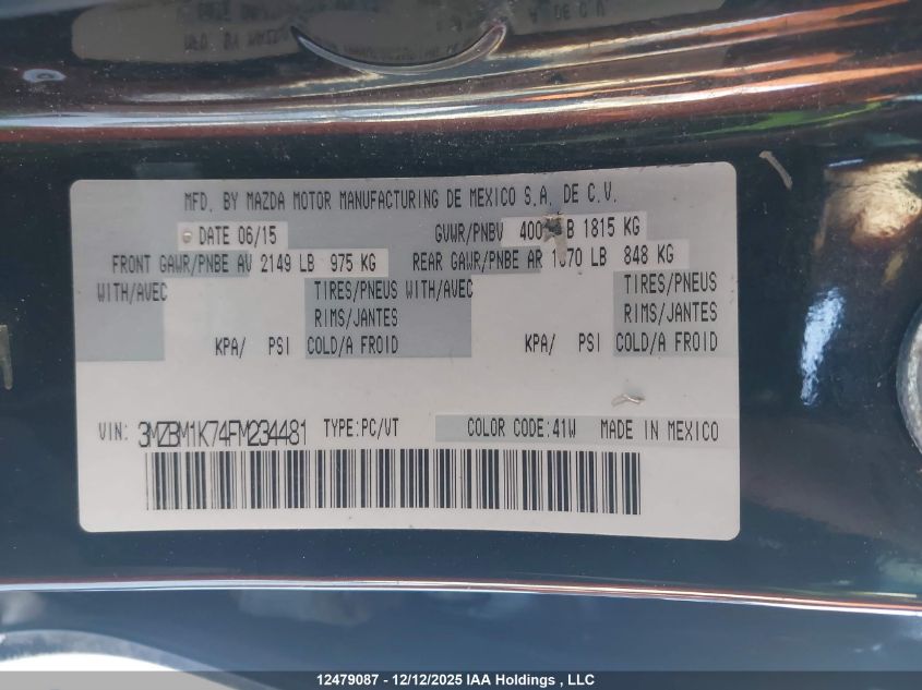 2015 Mazda Mazda3 Gx VIN: 3MZBM1K74FM234481 Lot: 12479087X