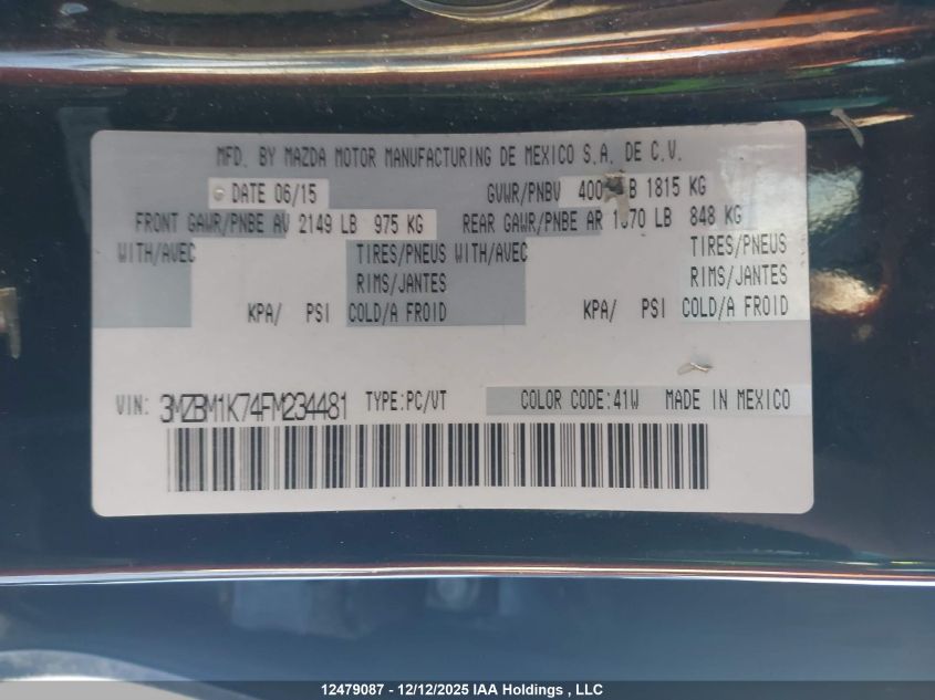 2015 Mazda Mazda3 Gx VIN: 3MZBM1K74FM234481 Lot: 12479087X