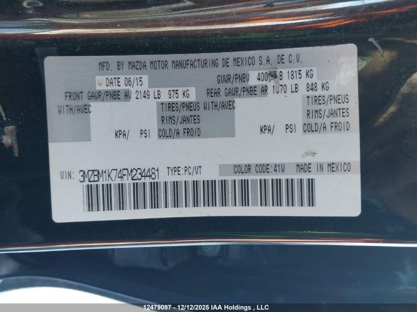 2015 Mazda Mazda3 Gx VIN: 3MZBM1K74FM234481 Lot: 12479087X
