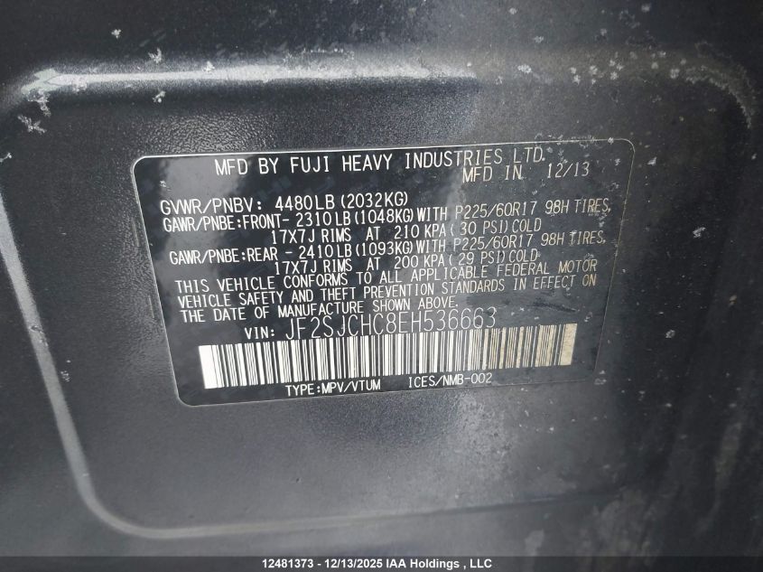 2014 Subaru Forester 2.5I Limited Package VIN: JF2SJCHC8EH536663 Lot: 12481373X