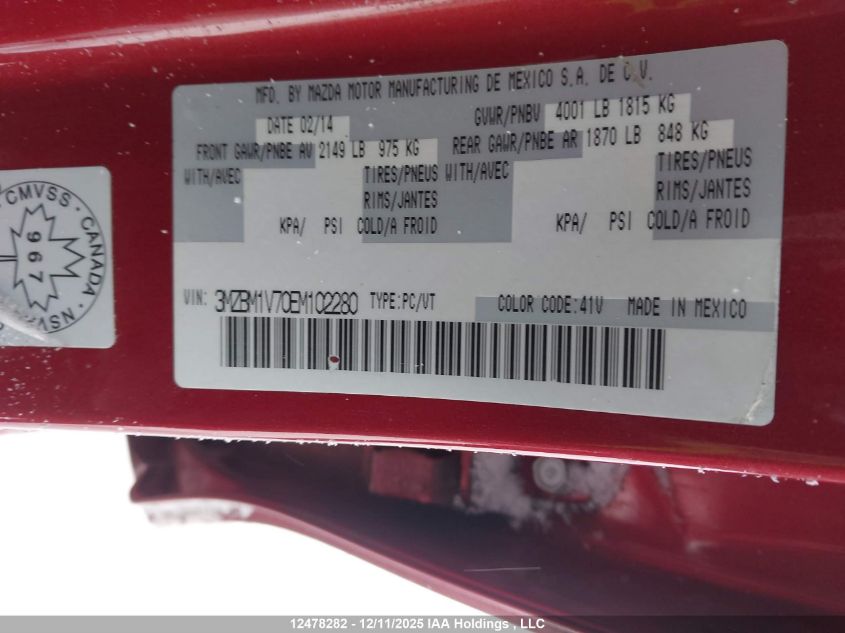 2014 Mazda Mazda3 Gs-Sky VIN: 3MZBM1V70EM102280 Lot: 12478282X