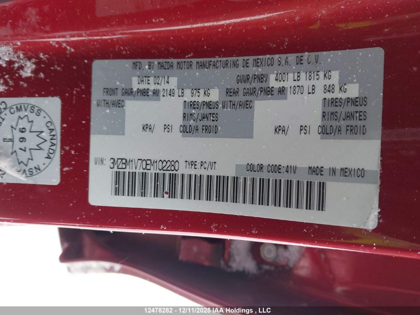 2014 Mazda Mazda3 Gs-Sky VIN: 3MZBM1V70EM102280 Lot: 12478282X