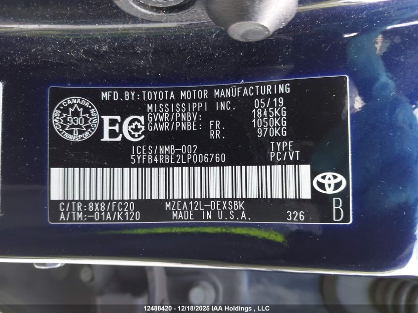 2020 Toyota Corolla Se VIN: 5YFB4RBE2LP006760 Lot: 12488420