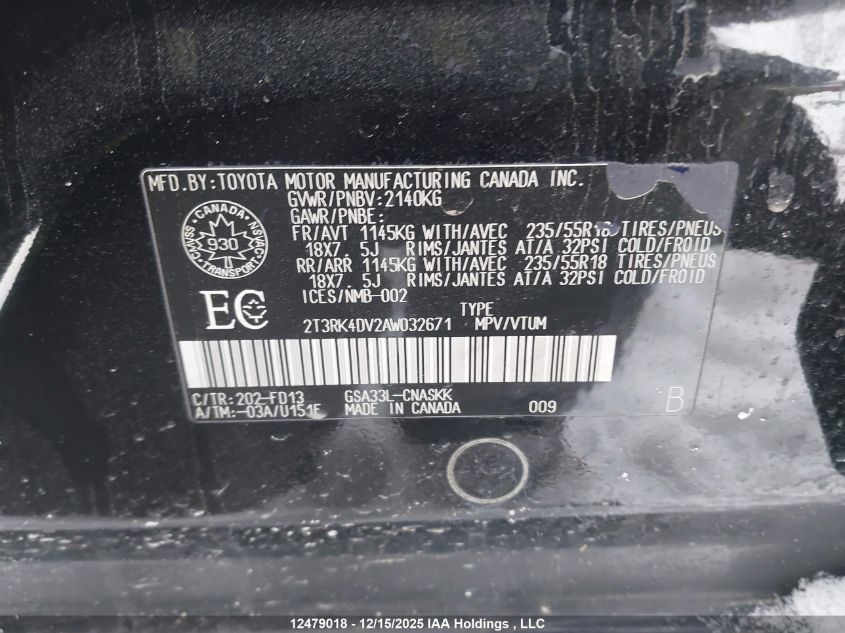 2010 Toyota Rav4 Sport V6 VIN: 2T3RK4DV2AW032671 Lot: 12479018X