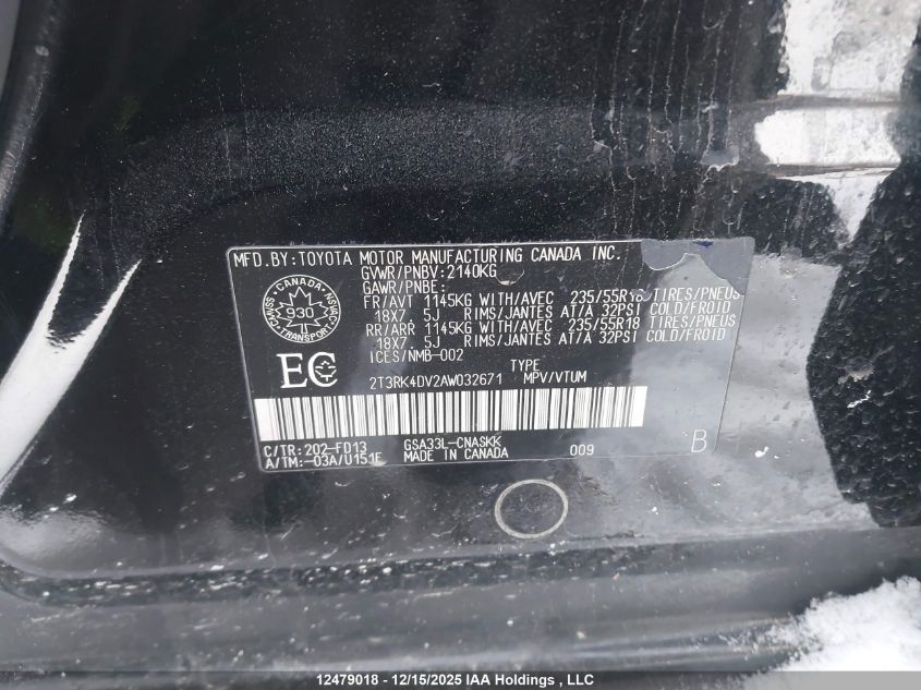 2010 Toyota Rav4 Sport V6 VIN: 2T3RK4DV2AW032671 Lot: 12479018X