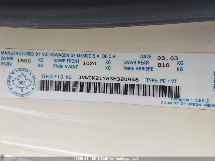 2003 Volkswagen New Beetle Gls VIN: 3VWCK21Y63M320946 Lot: 12488485