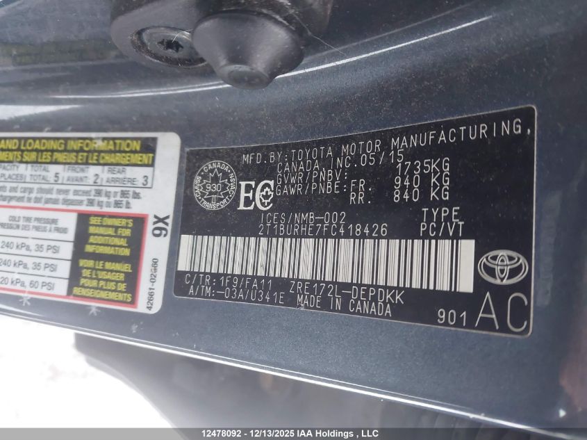 2015 Toyota Corolla Ce VIN: 2T1BURHE7FC418426 Lot: 12478092X