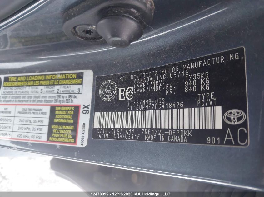 2015 Toyota Corolla Ce VIN: 2T1BURHE7FC418426 Lot: 12478092X