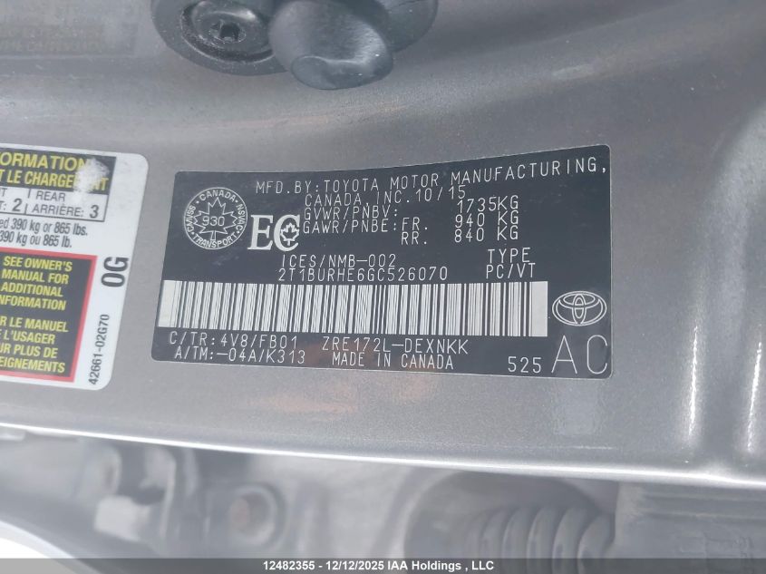 2016 Toyota Corolla Le VIN: 2T1BURHE6GC526070 Lot: 12482355X