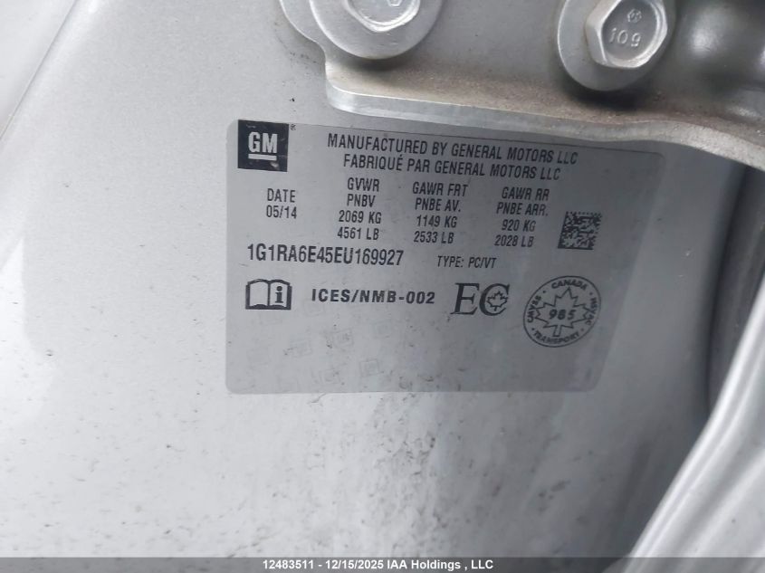 2014 Chevrolet Volt VIN: 1G1RA6E45EU169927 Lot: 12483511X
