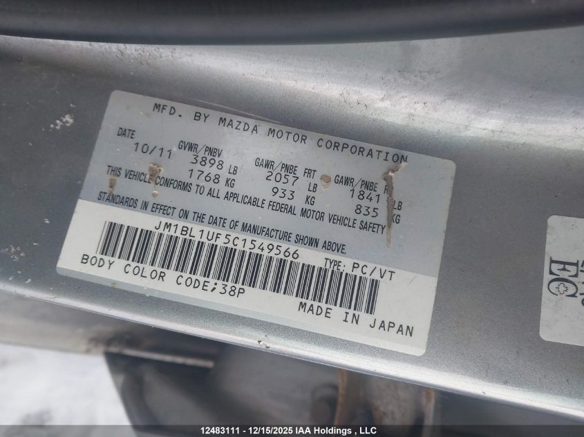 2012 Mazda Mazda3 Gx VIN: JM1BL1UF5C1549566 Lot: 12483111X