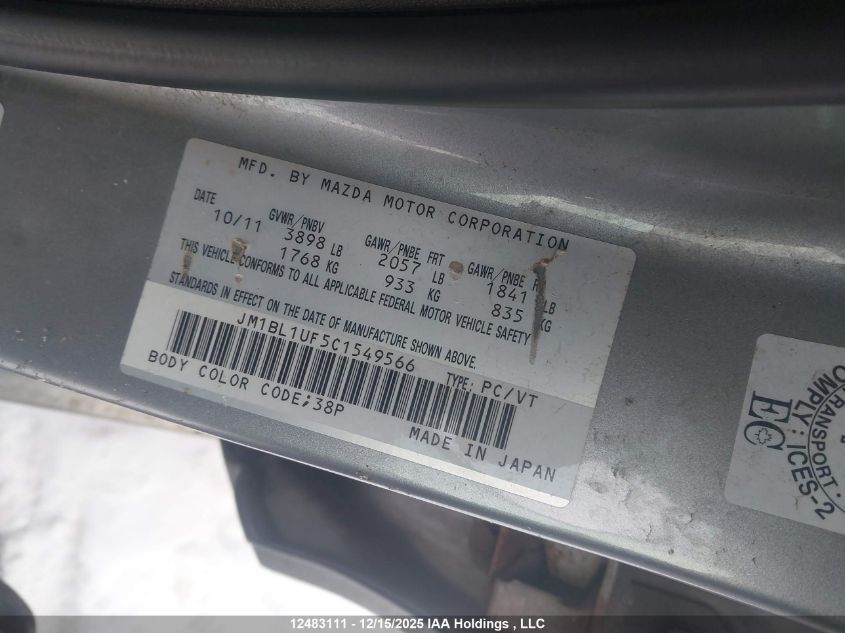 2012 Mazda Mazda3 Gx VIN: JM1BL1UF5C1549566 Lot: 12483111X