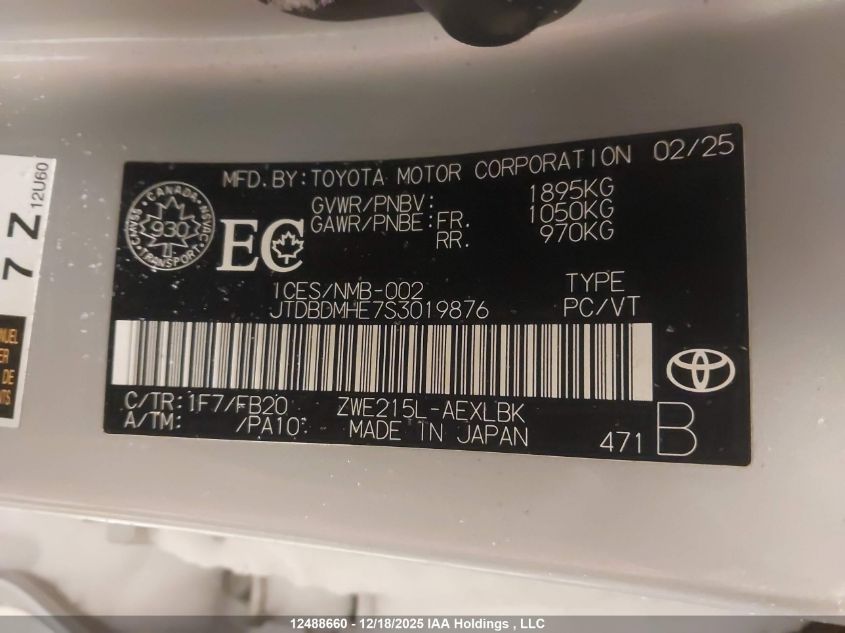 2025 Toyota Corolla Hybrid Le VIN: JTDBDMHE7S3019876 Lot: 12488660