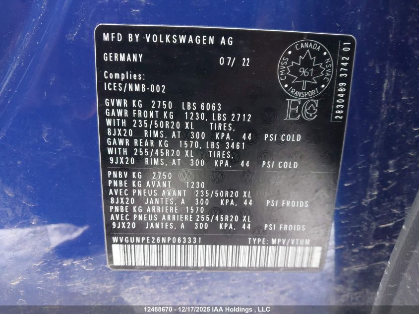 2022 Volkswagen Id.4 Pro VIN: WVGUNPE26NP063331 Lot: 12488670