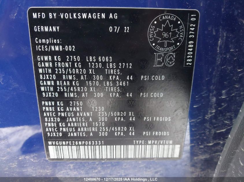 2022 Volkswagen Id.4 Pro VIN: WVGUNPE26NP063331 Lot: 12488670