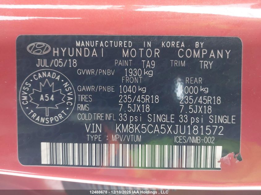 2018 Hyundai Kona Ultimate VIN: KM8K5CA5XJU181572 Lot: 12488678