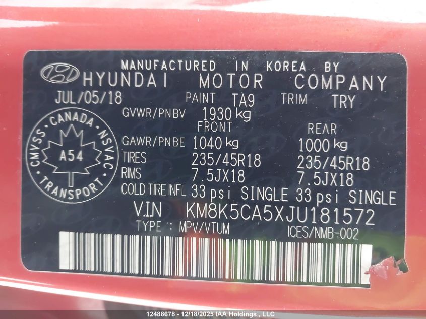2018 Hyundai Kona Ultimate VIN: KM8K5CA5XJU181572 Lot: 12488678