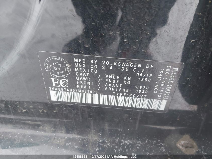 2019 Volkswagen Golf 1.4 Tsi Comfortline/1.4 Tsi Execline/1.4 Tsi Highline VIN: 3VWG57AU0KM025973 Lot: 12488693