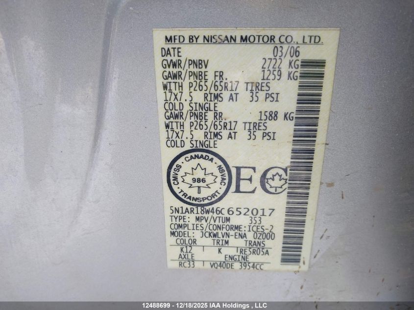 2006 Nissan Pathfinder S VIN: 5N1AR18W46C652017 Lot: 12488699