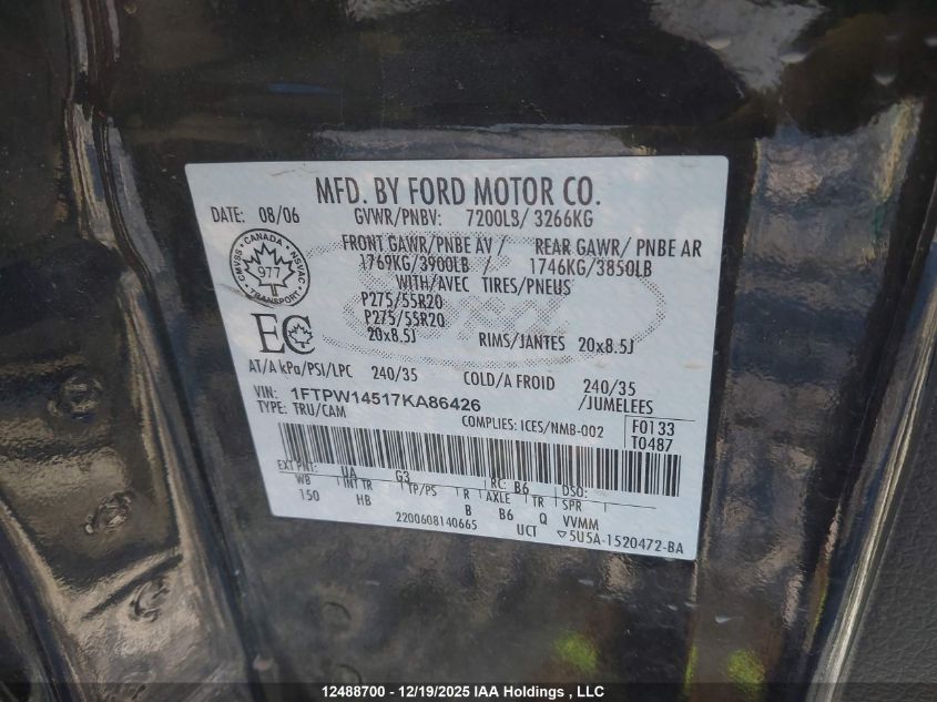 2007 Ford F-150 Fx4/Harley-Davidson/King Ranch/Lariat/Lariat Chrome Package/Xlt VIN: 1FTPW14517KA86426 Lot: 12488700