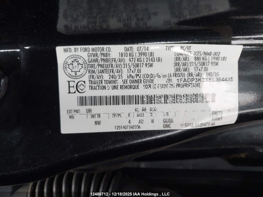 2014 Ford Focus Se VIN: 1FADP3K2XEL364435 Lot: 12488712