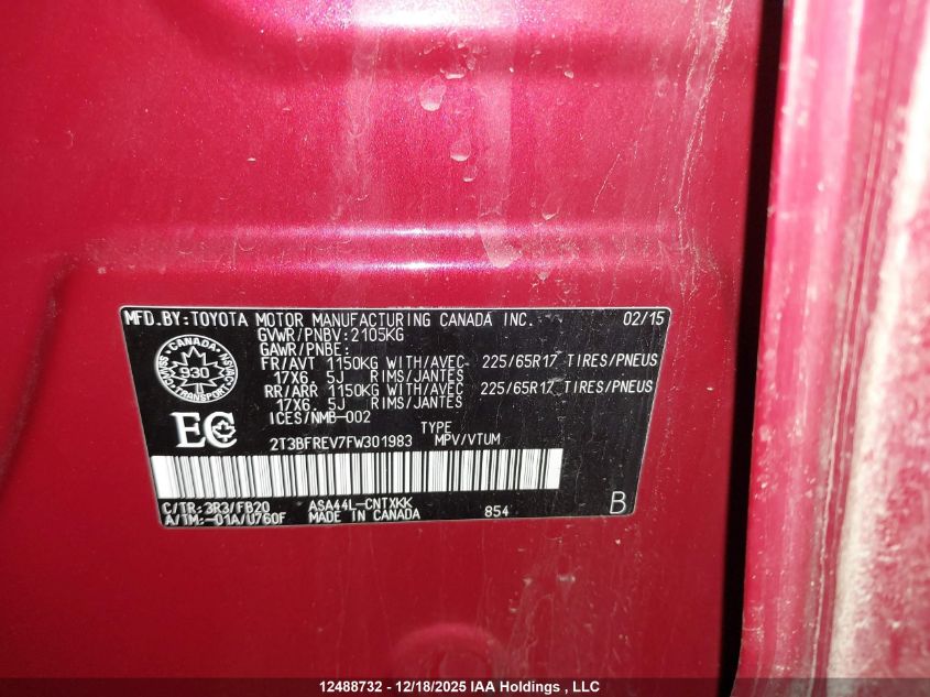2015 Toyota Rav4 Le VIN: 2T3BFREV7FW301983 Lot: 12488732
