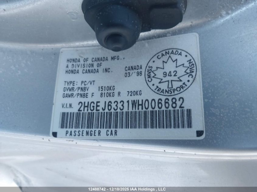 1998 Honda Civic Dx VIN: 2HGEJ6331WH006682 Lot: 12488742