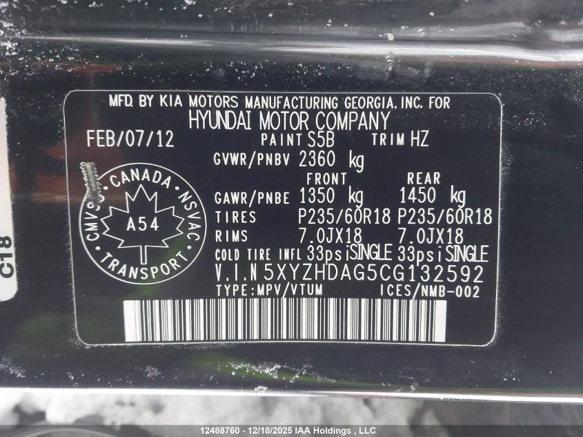2012 Hyundai Santa Fe Se VIN: 5XYZHDAG5CG132592 Lot: 12488760