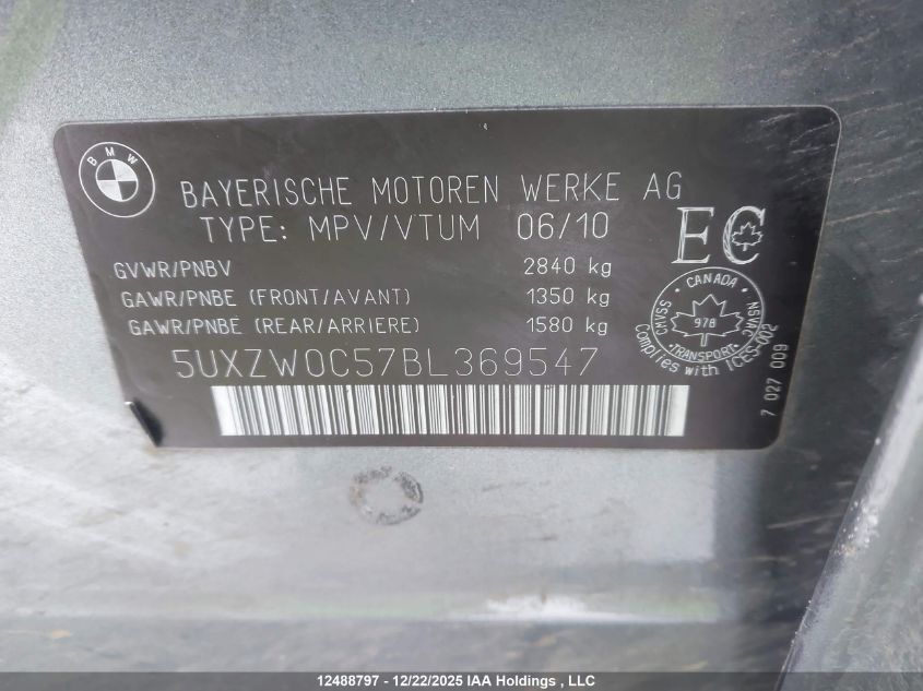 2011 BMW X5 xDrive35D VIN: 5UXZW0C57BL369547 Lot: 12488797