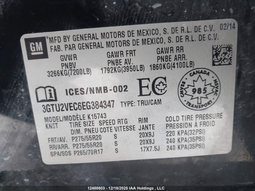 2014 GMC Sierra 1500 Slt VIN: 3GTU2VEC6EG384347 Lot: 12488803