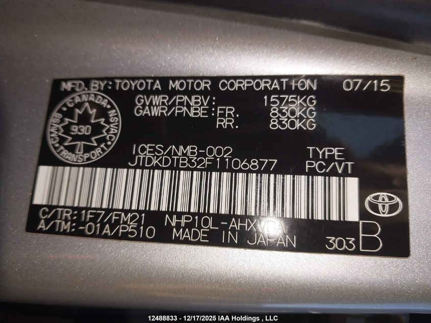 2015 Toyota Prius C Technology VIN: JTDKDTB32F1106877 Lot: 12488833