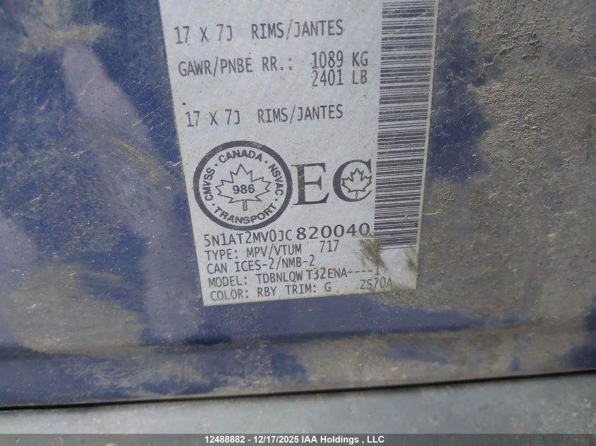 2018 Nissan Rogue Midnight Edition/S/Sl/Sl W/Propilot Assist/Sv VIN: 5N1AT2MV0JC820040 Lot: 12488882