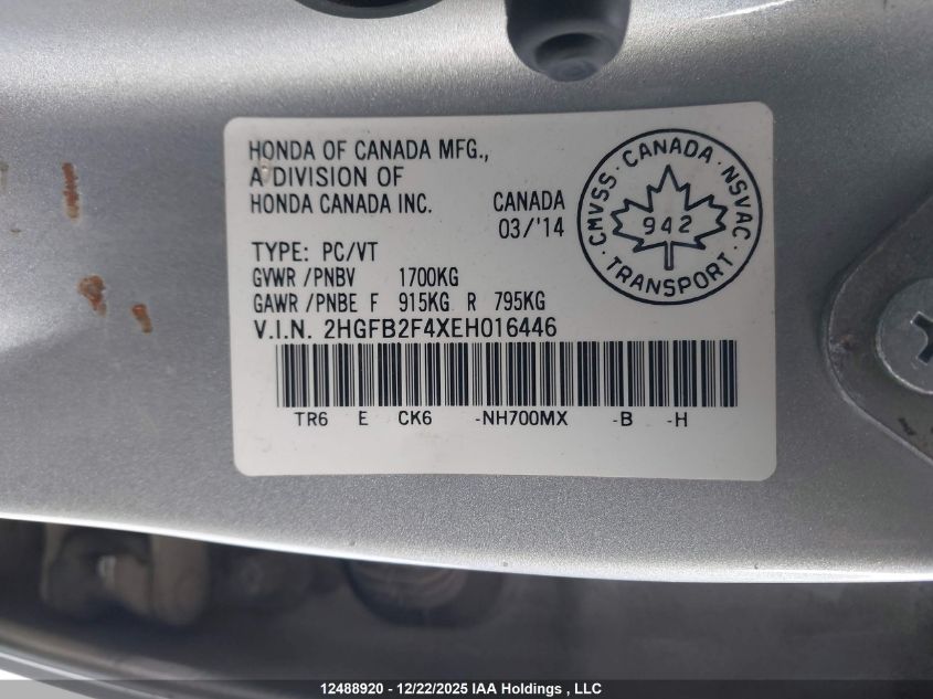 2014 Honda Civic Lx VIN: 2HGFB2F4XEH016446 Lot: 12488920