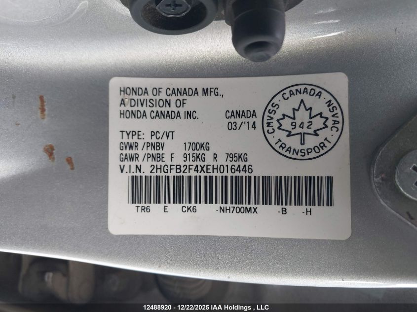 2014 Honda Civic Lx VIN: 2HGFB2F4XEH016446 Lot: 12488920