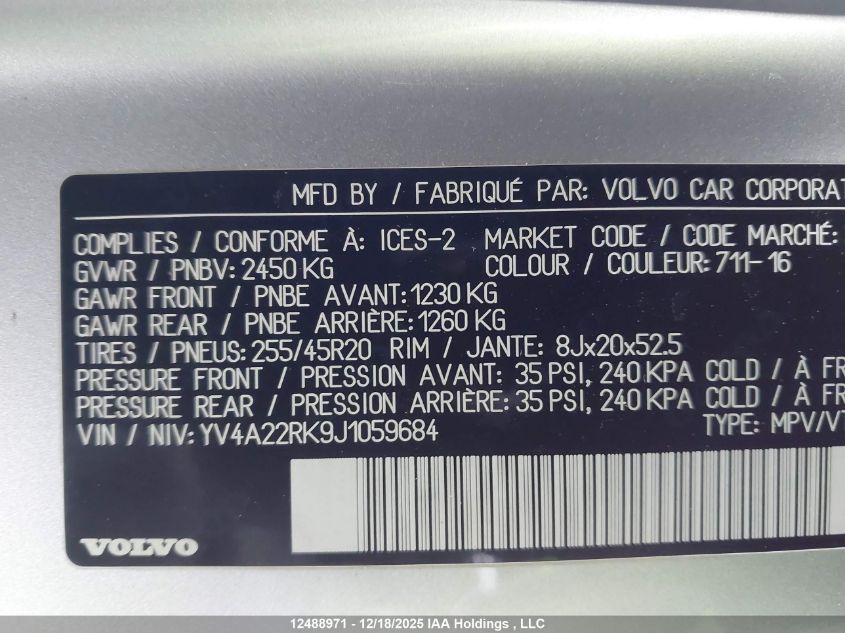 2018 Volvo Xc60 T6 Momentum VIN: YV4A22RK9J1059684 Lot: 12488971