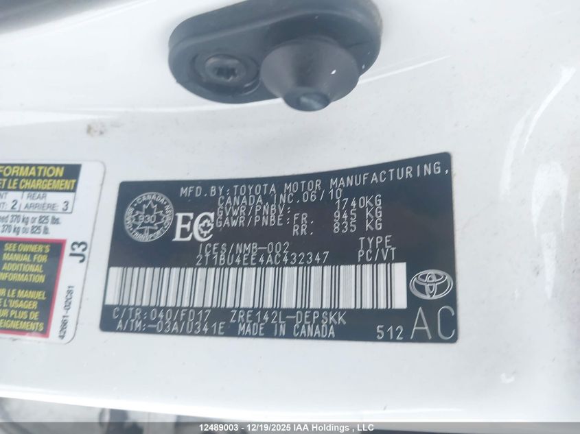 2010 Toyota Corolla S VIN: 2T1BU4EE4AC432347 Lot: 12489003