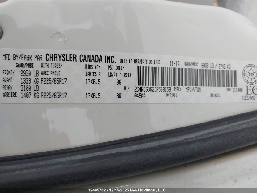 2013 Dodge Grand Caravan Crew VIN: 2C4RDGDG2DR568158 Lot: 12485782X