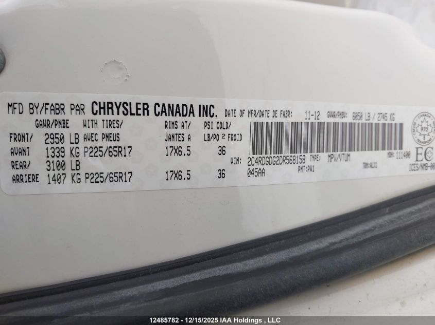 2013 Dodge Grand Caravan Crew VIN: 2C4RDGDG2DR568158 Lot: 12485782X