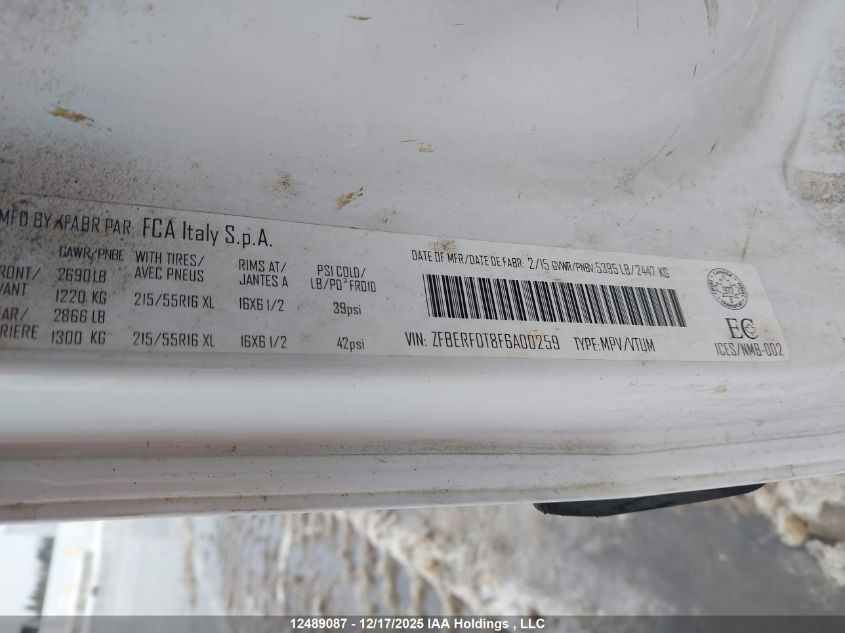 2015 Ram Promaster City Tradesman Slt VIN: ZFBERFDT8F6A00259 Lot: 12489087