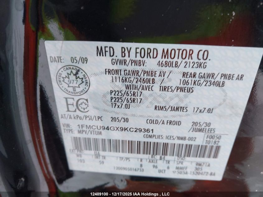 2009 Ford Escape Limited VIN: 1FMCU94GX9KC29361 Lot: 12489100