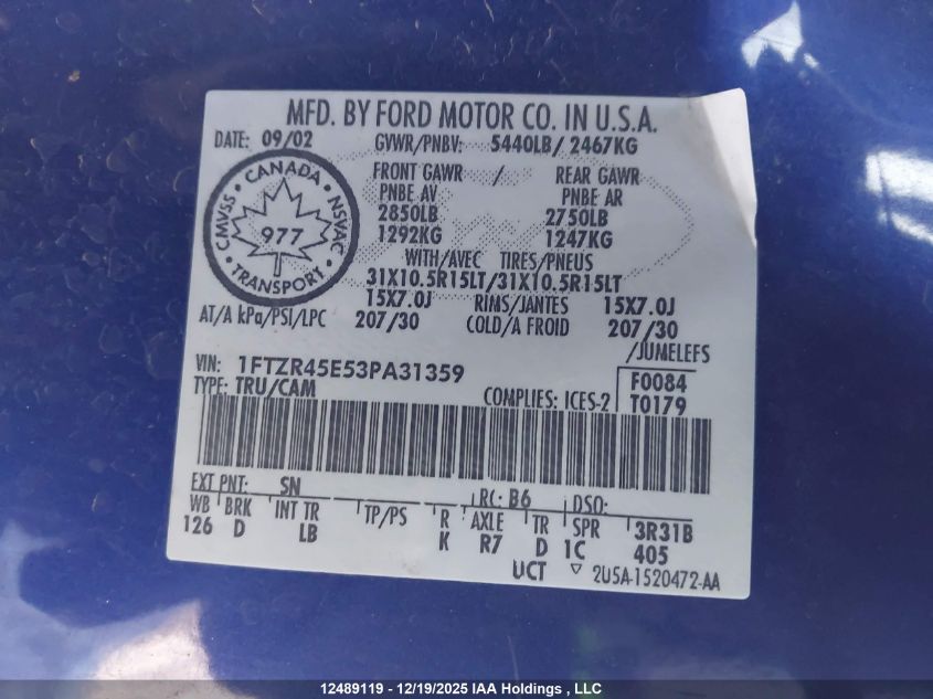 2003 Ford Ranger Super Cab VIN: 1FTZR45E53PA31359 Lot: 12489119