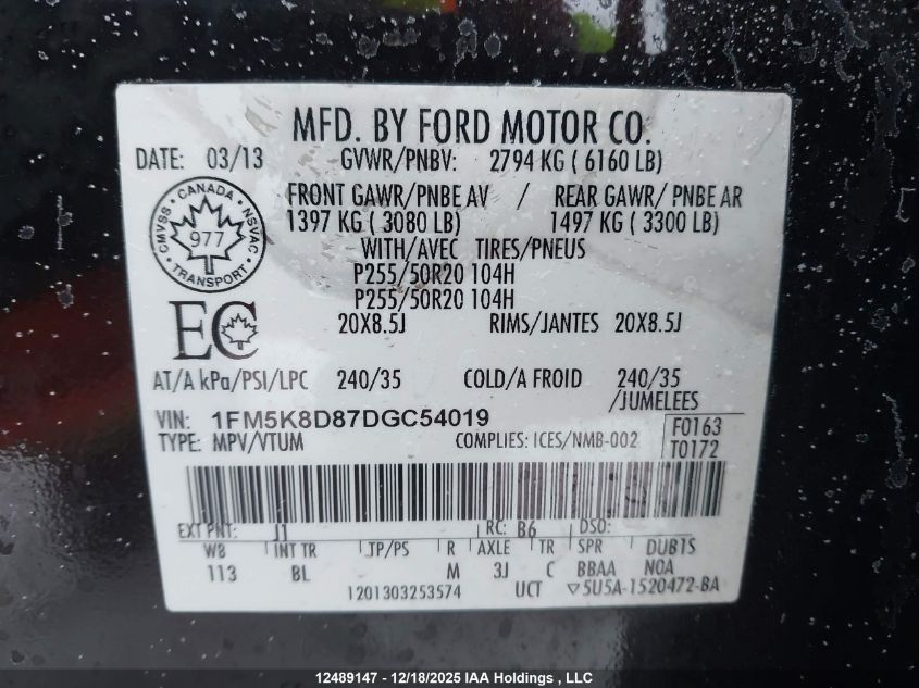 2013 Ford Explorer Xlt VIN: 1FM5K8D87DGC54019 Lot: 12489147