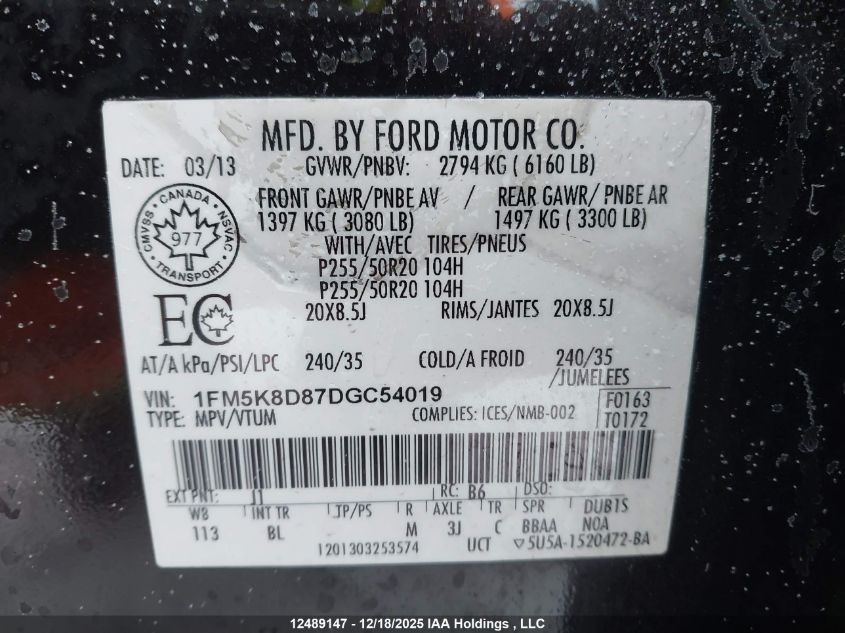 2013 Ford Explorer Xlt VIN: 1FM5K8D87DGC54019 Lot: 12489147